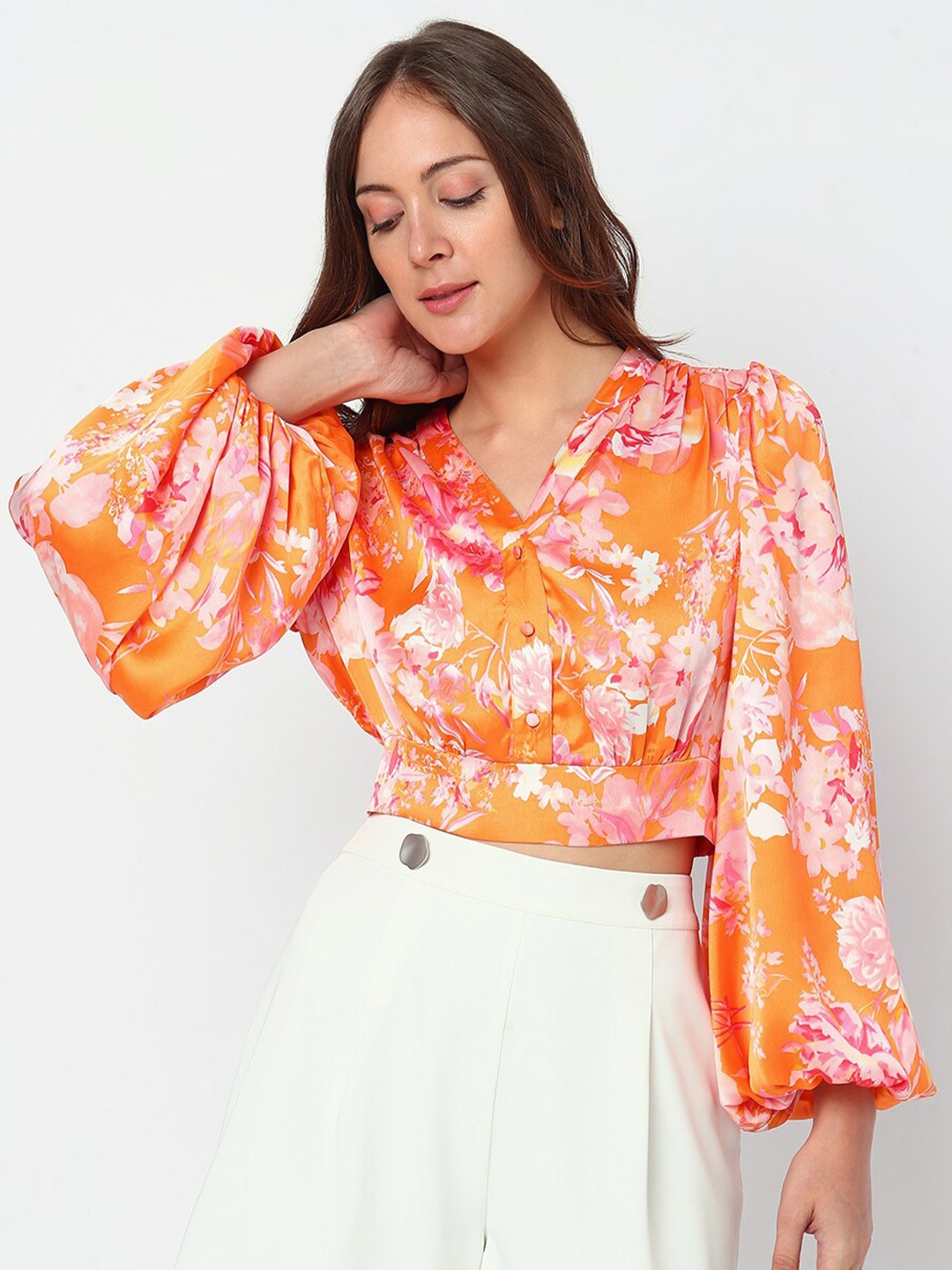 

Vero Moda Floral Print Puff Sleeve Blouson Crop Top, Orange