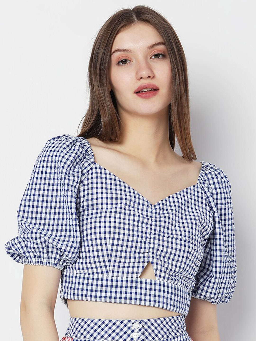 

Vero Moda Checked Puff Sleeve Cotton Regular Crop Top, Blue