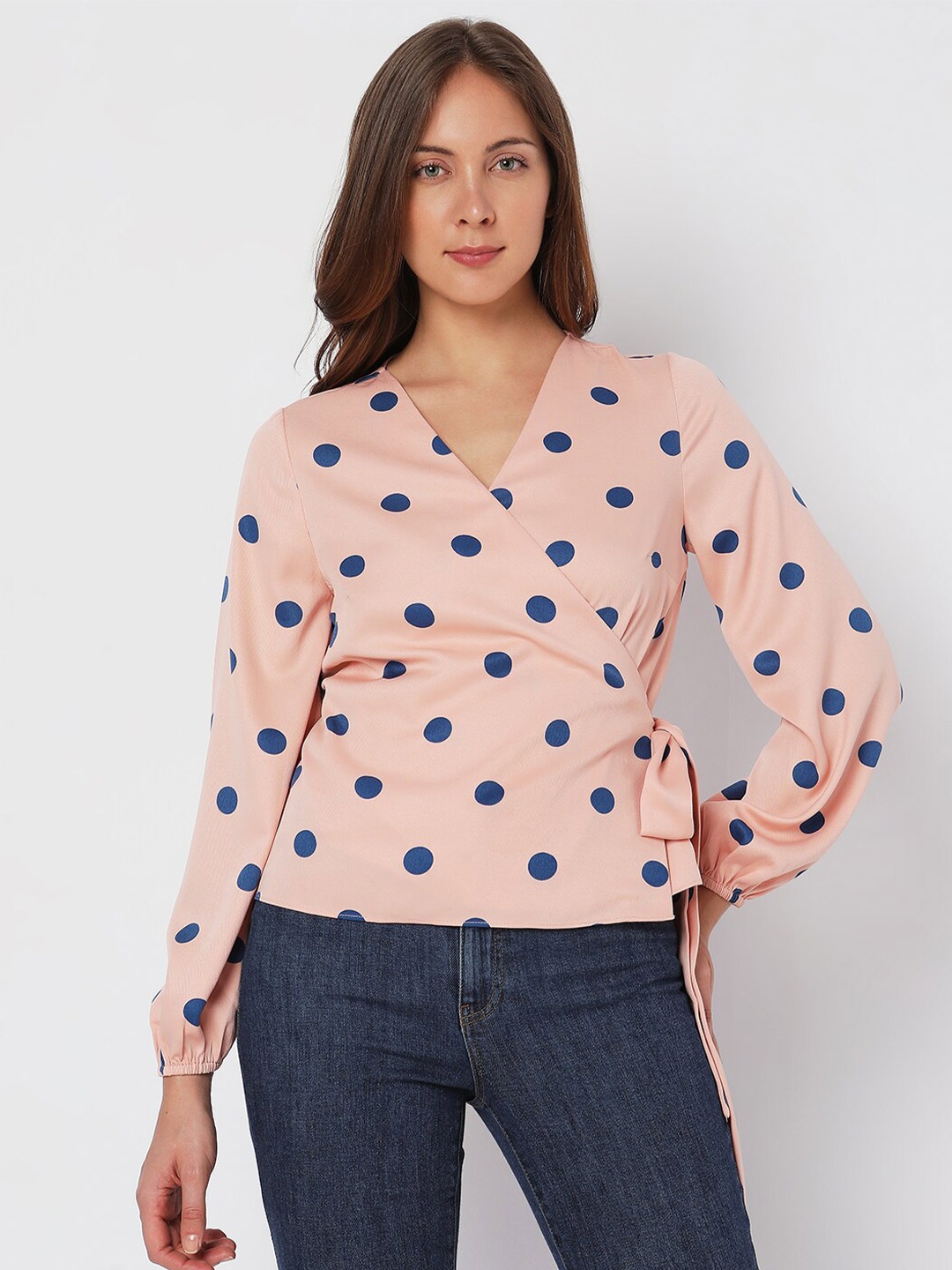 

Vero Moda Polka Dot Print V-Neck Wrap Top, Pink