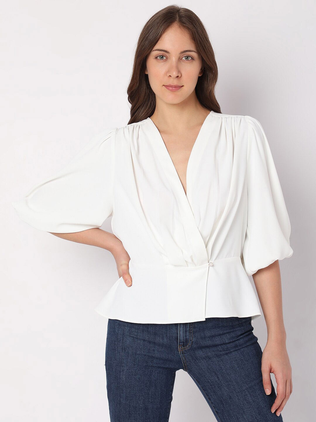 

Vero Moda V-Neck Puff Sleeves Cinched Waist Top, White