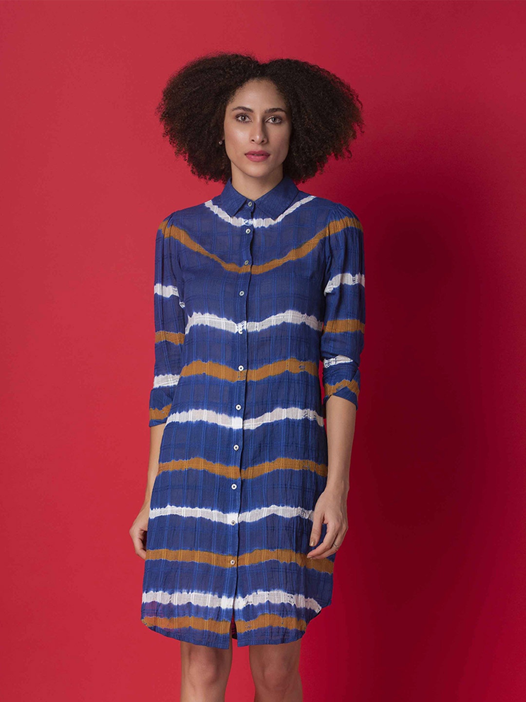 

MKOAL Striped Cotton Shirt Dress, Blue