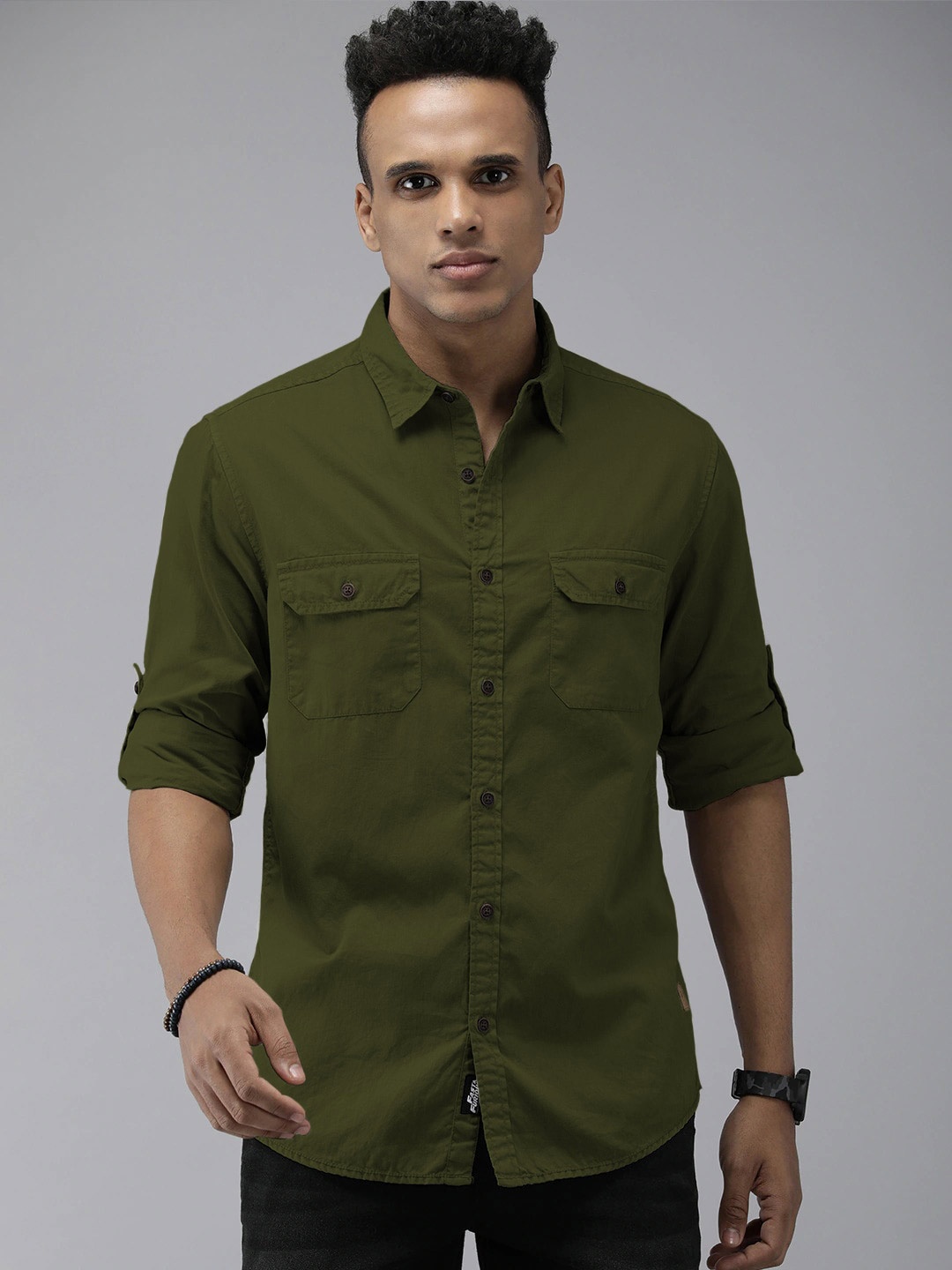 

Roadster Spread Collar Twill Weave Pure Cotton Casual Shirt, Green
