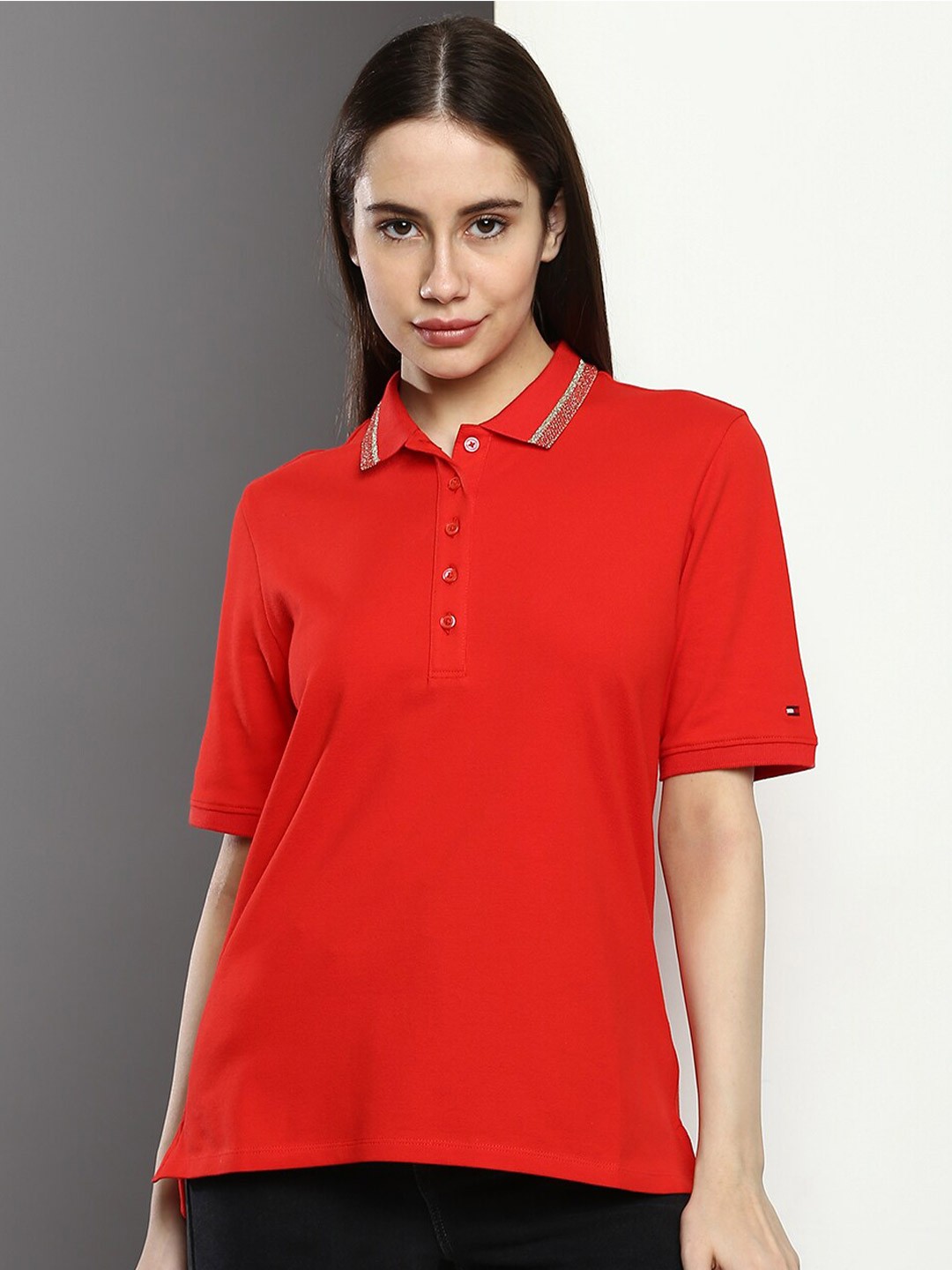 

Tommy Hilfiger Three-Quarter Sleeve Polo Collar Organic Cotton T-shirt, Red