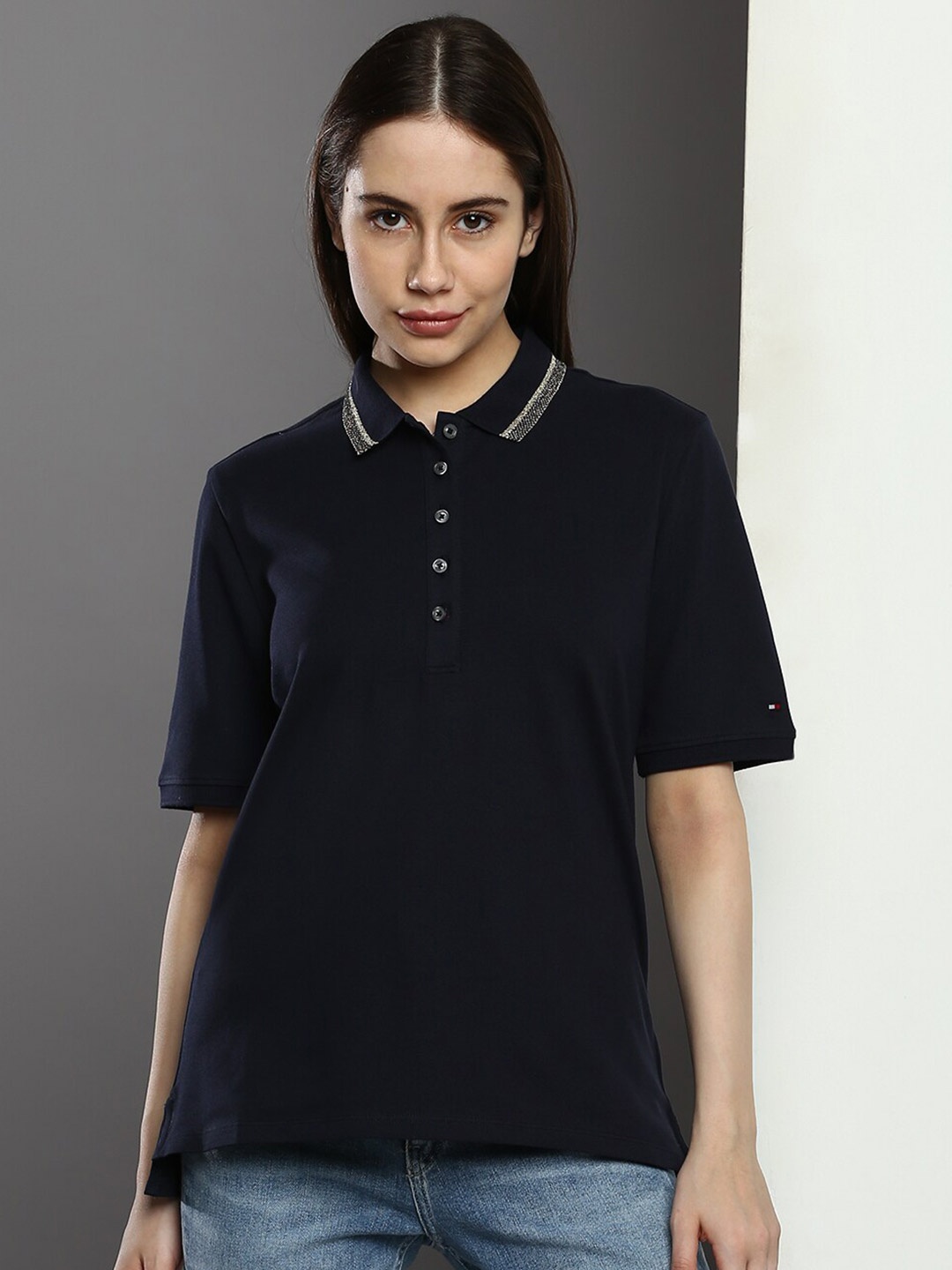 

Tommy Hilfiger Three-Quarter Sleeve Polo Collar Organic Cotton T-shirt, Navy blue