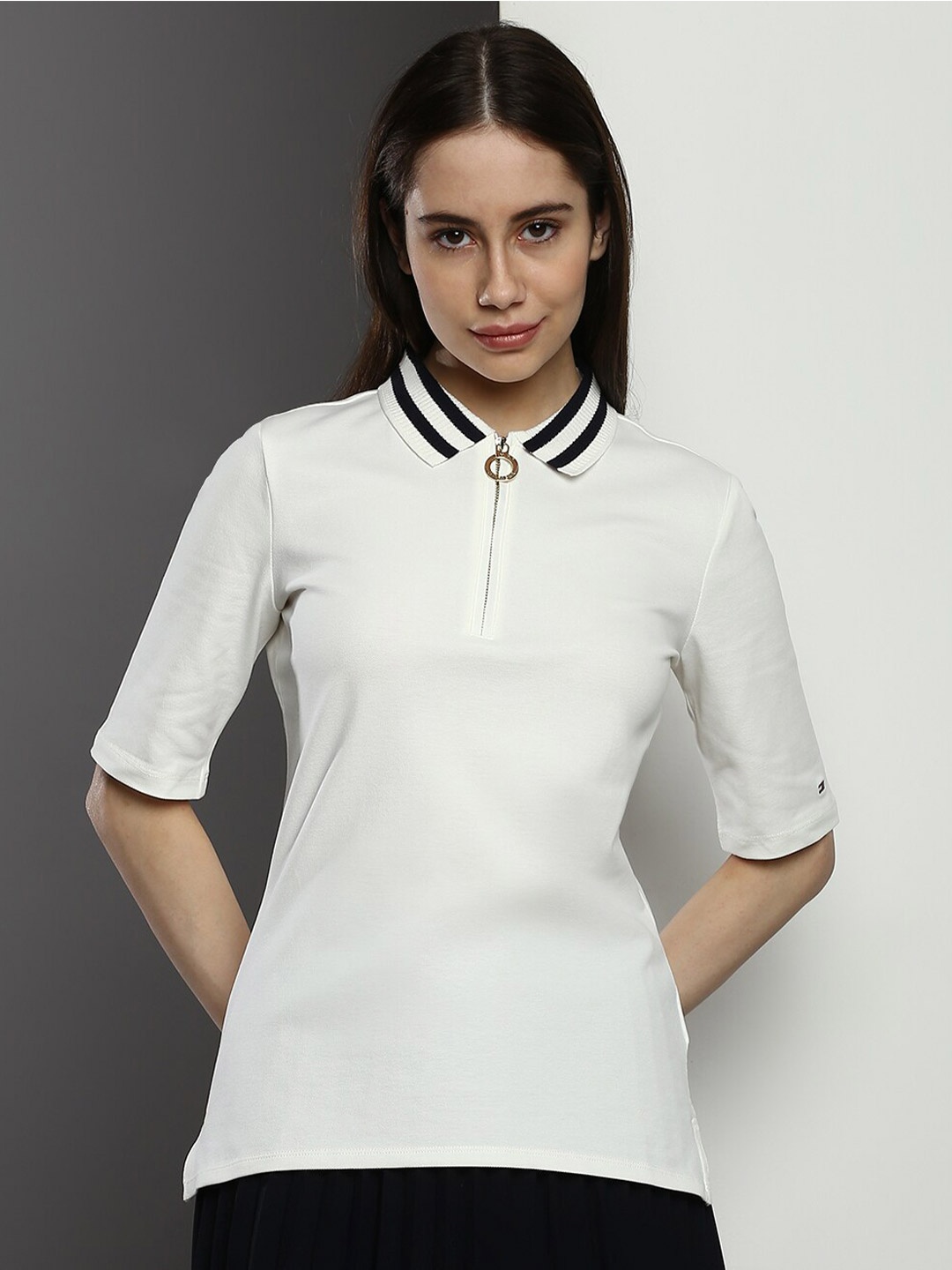 

Tommy Hilfiger Three-Quarter Sleeve Polo Collar Organic Cotton T-shirt, White