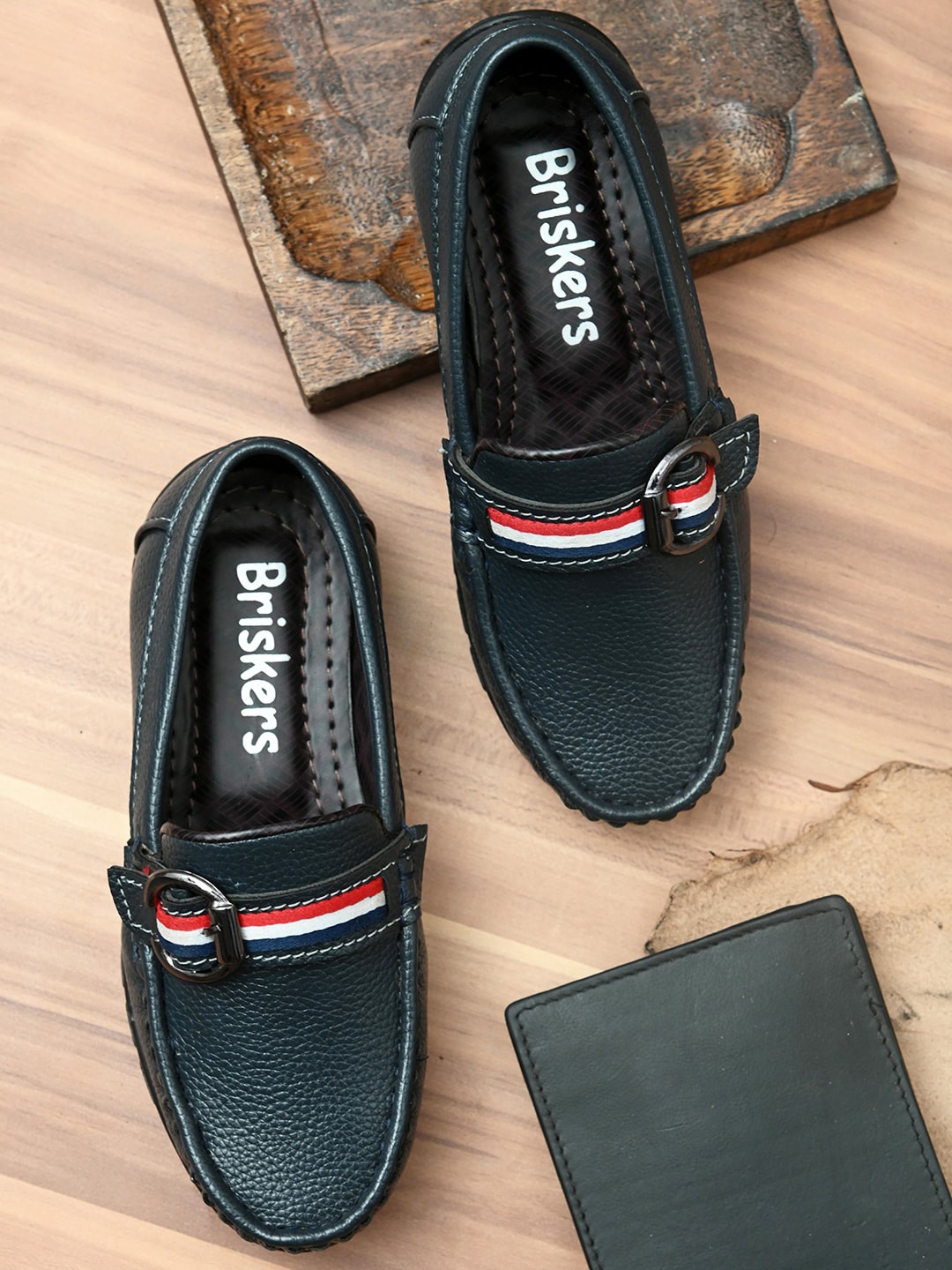 

BRISKERS Boys Textured Lightweight Horsebit Loafers, Navy blue