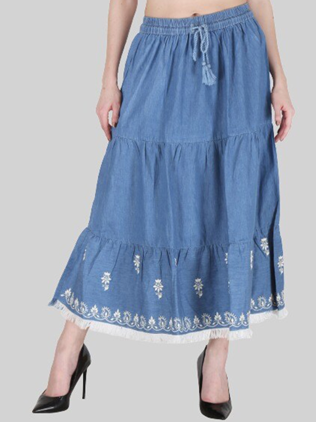 

SUMAVI-FASHION Embroidered Denim Midi Skirt, Blue
