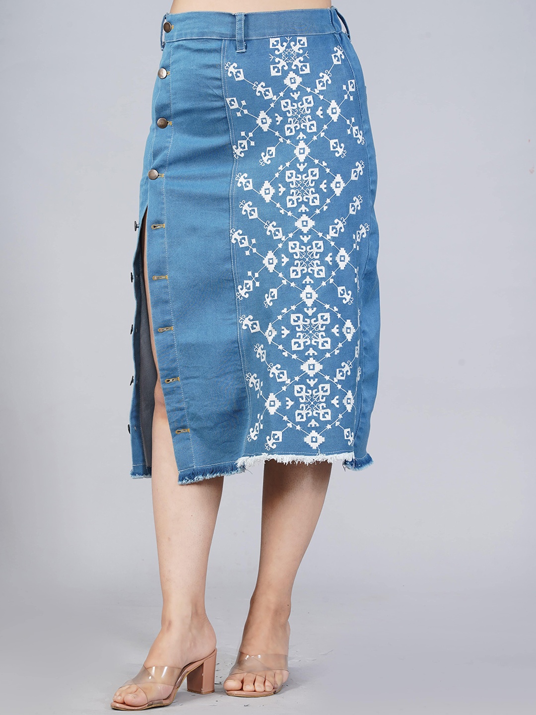 

SUMAVI-FASHION Embroidered Straight Midi Skirt, Blue