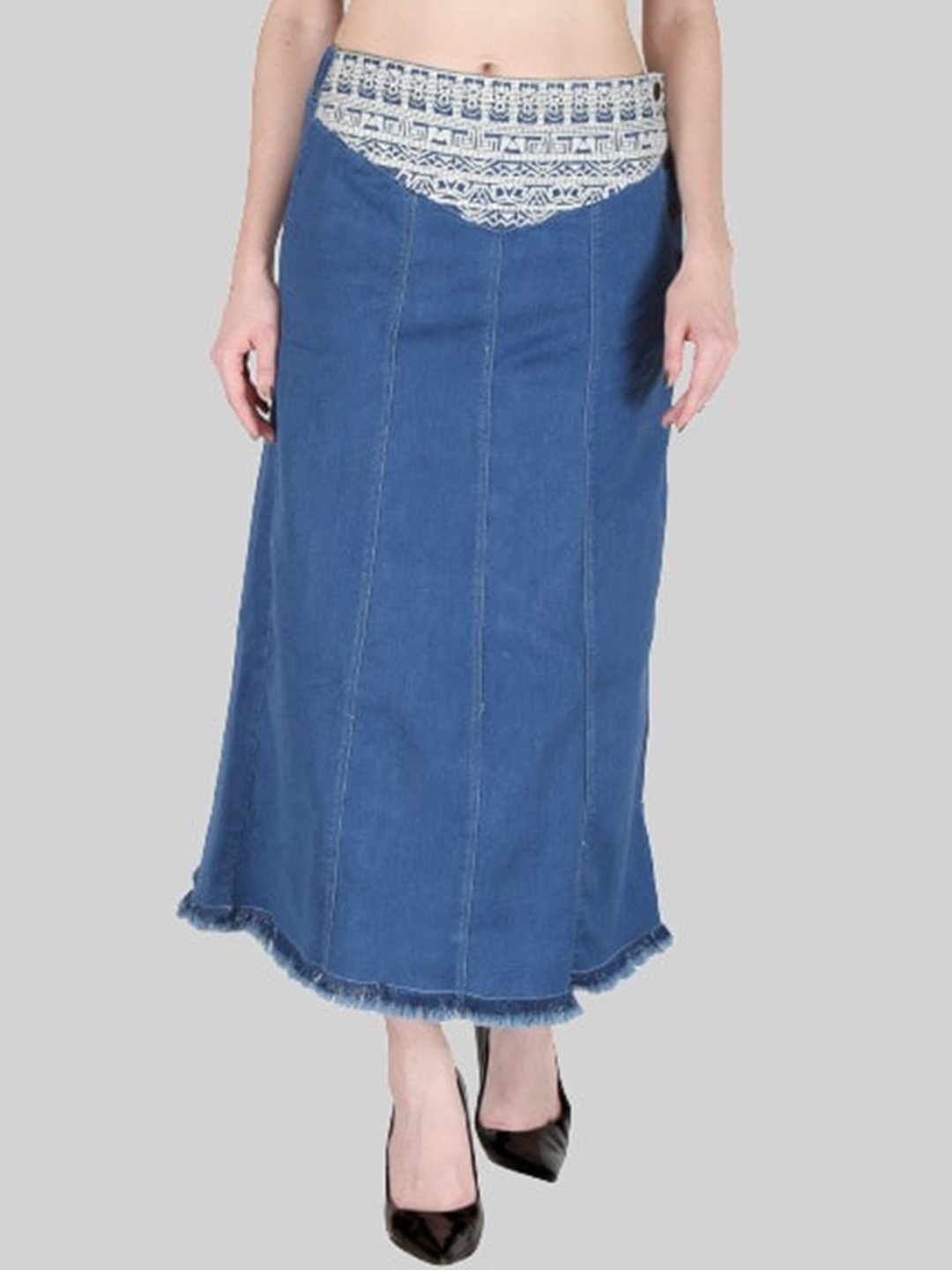 

SUMAVI-FASHION Embroidered Detail Straight Maxi Skirt, Blue