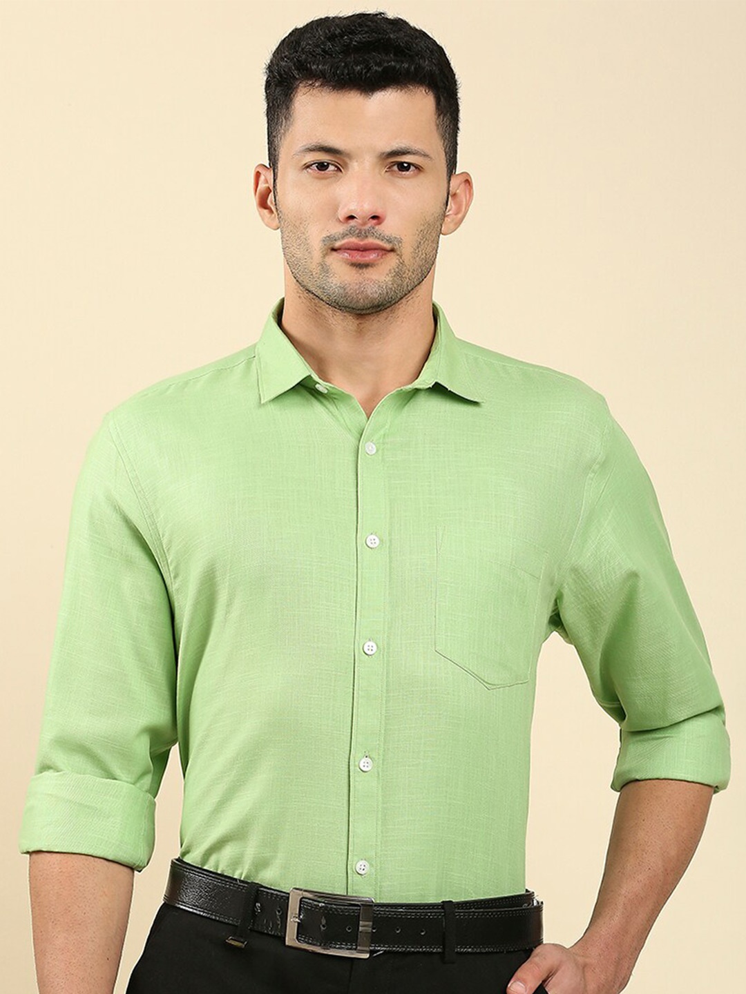 

JAPS Classic Textured Pure Cotton Formal Shirt, Green