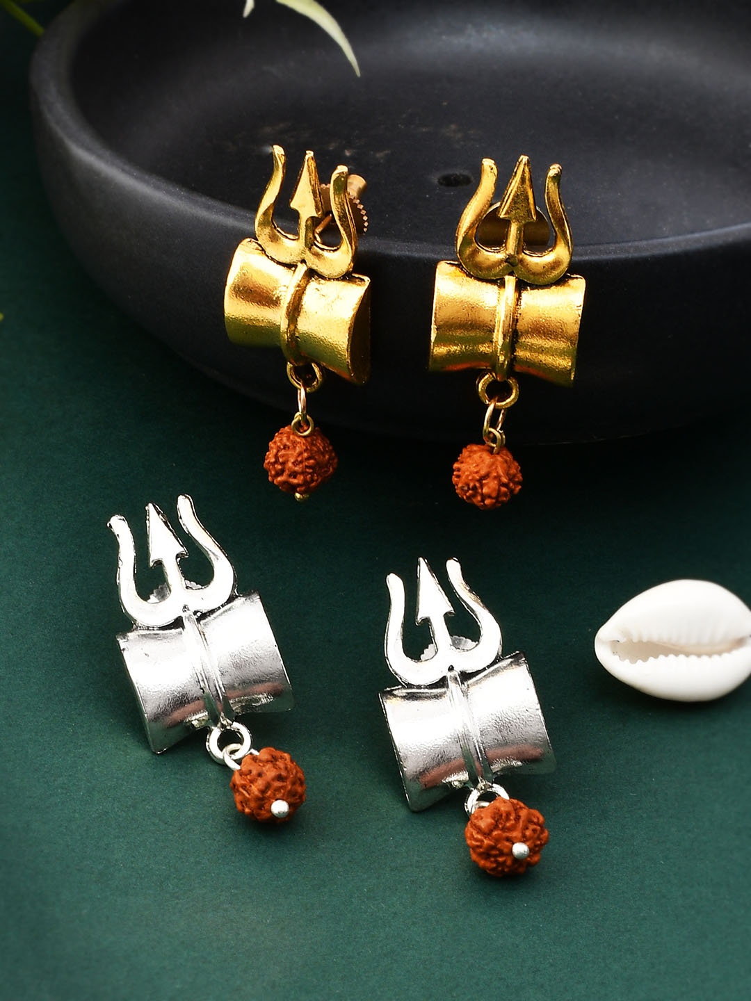 

Shoshaa 2Pcs Silver & Gold Trishul Drop Earrings