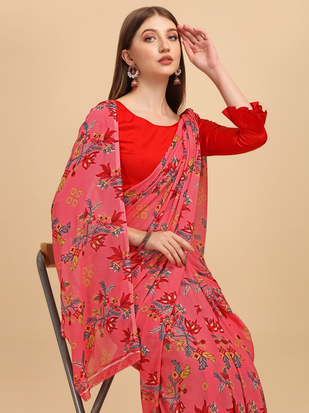 

Sangria Floral Printed Pure Georgette Saree, Pink