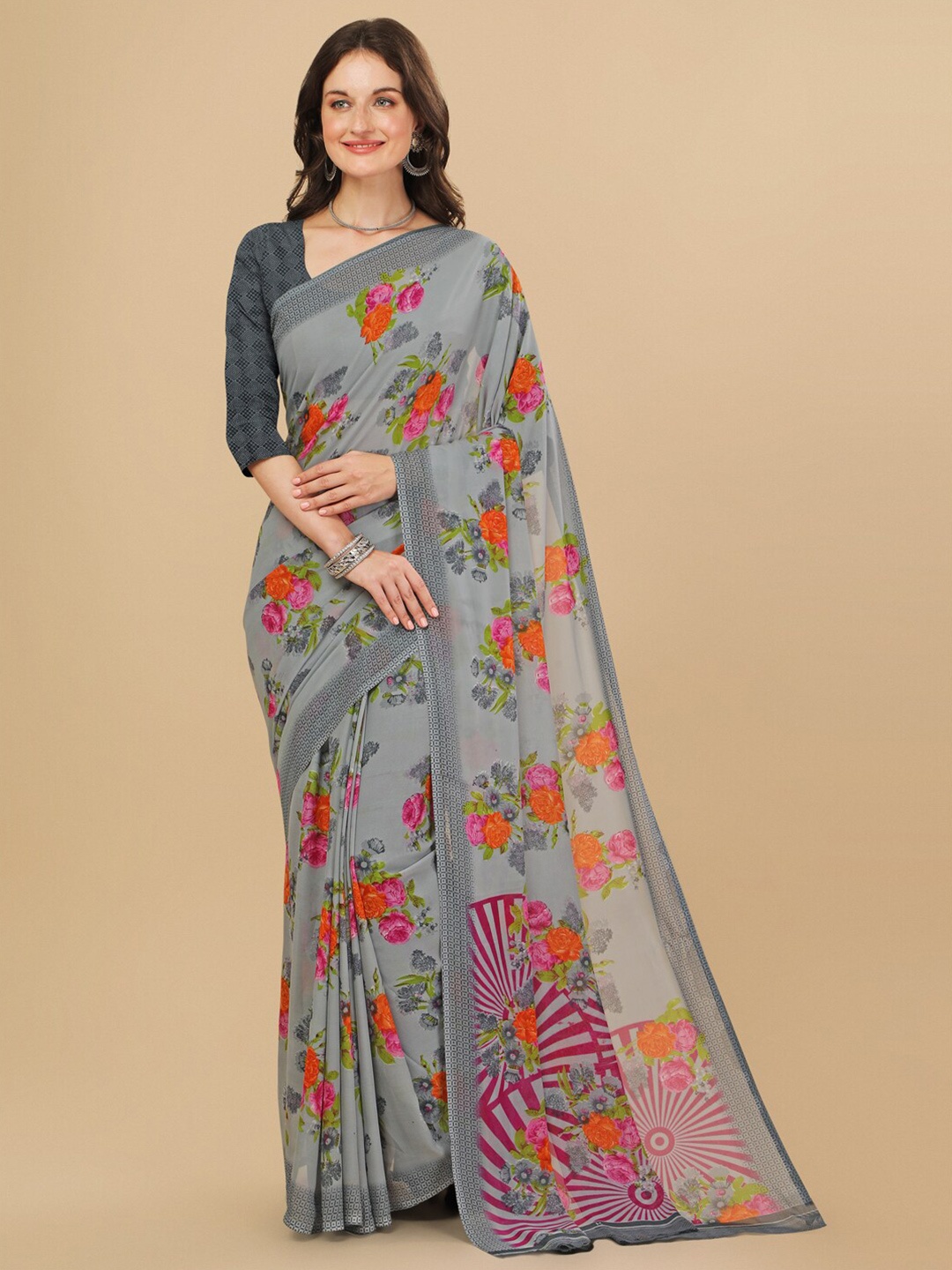 

Sangria Floral Printed Georgette Saree, Grey