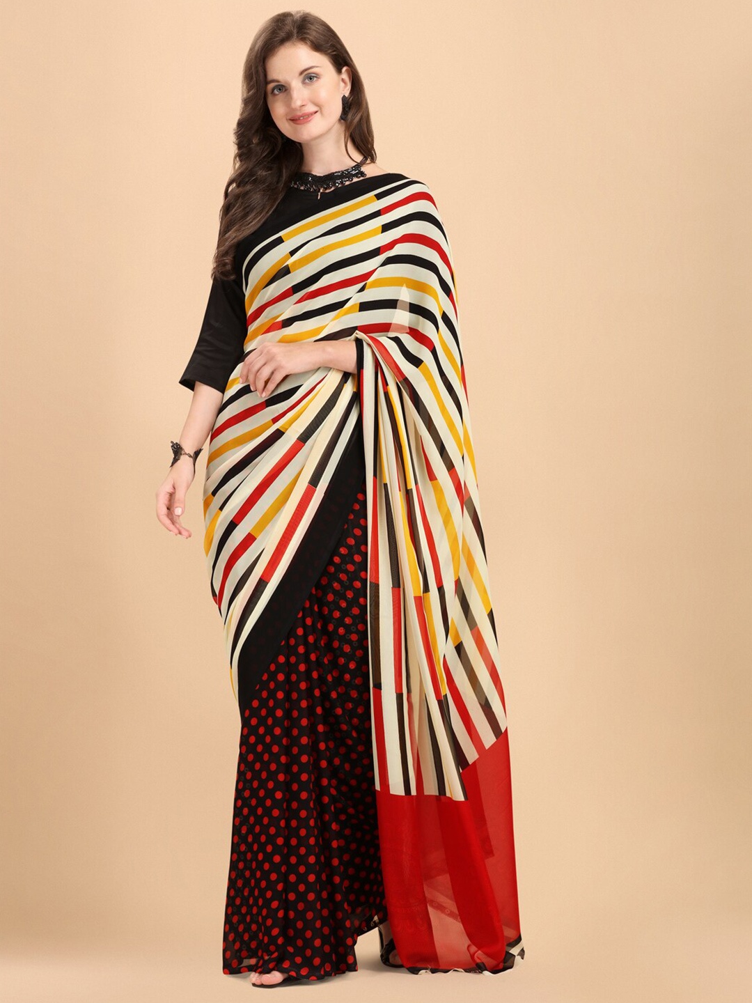 

Sangria Half Striped & Printed Georgette Saree, Black