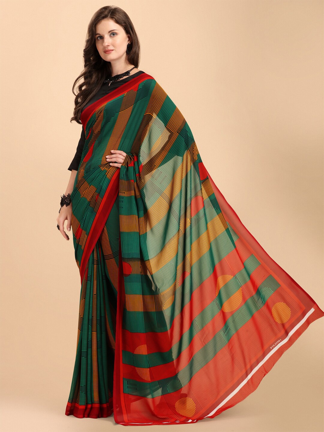

Sangria Striped Pure Georgette Saree, Green