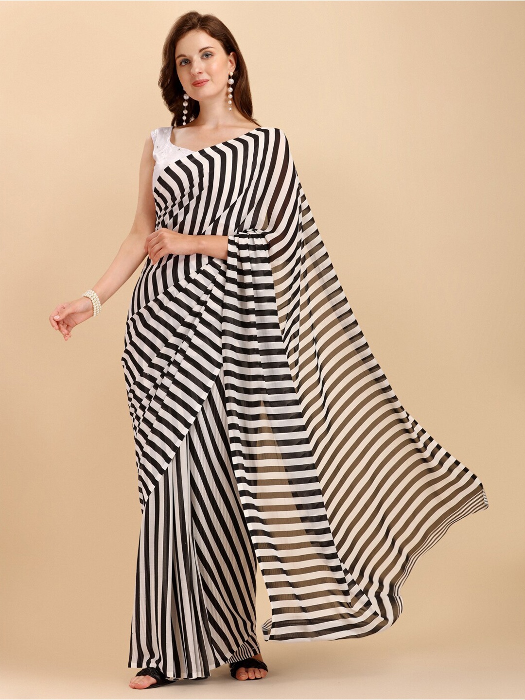 

Sangria Striped Georgette Saree, White
