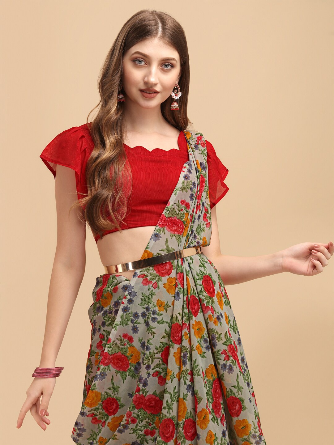 

Sangria Floral Printed Georgette Saree, Grey