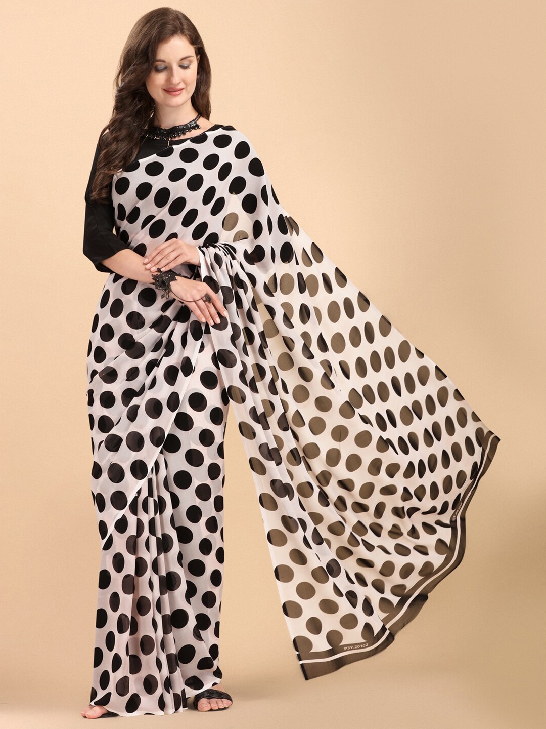 

Sangria Polka Dots Printed Pure Georgette Saree With Blouse Piece, White