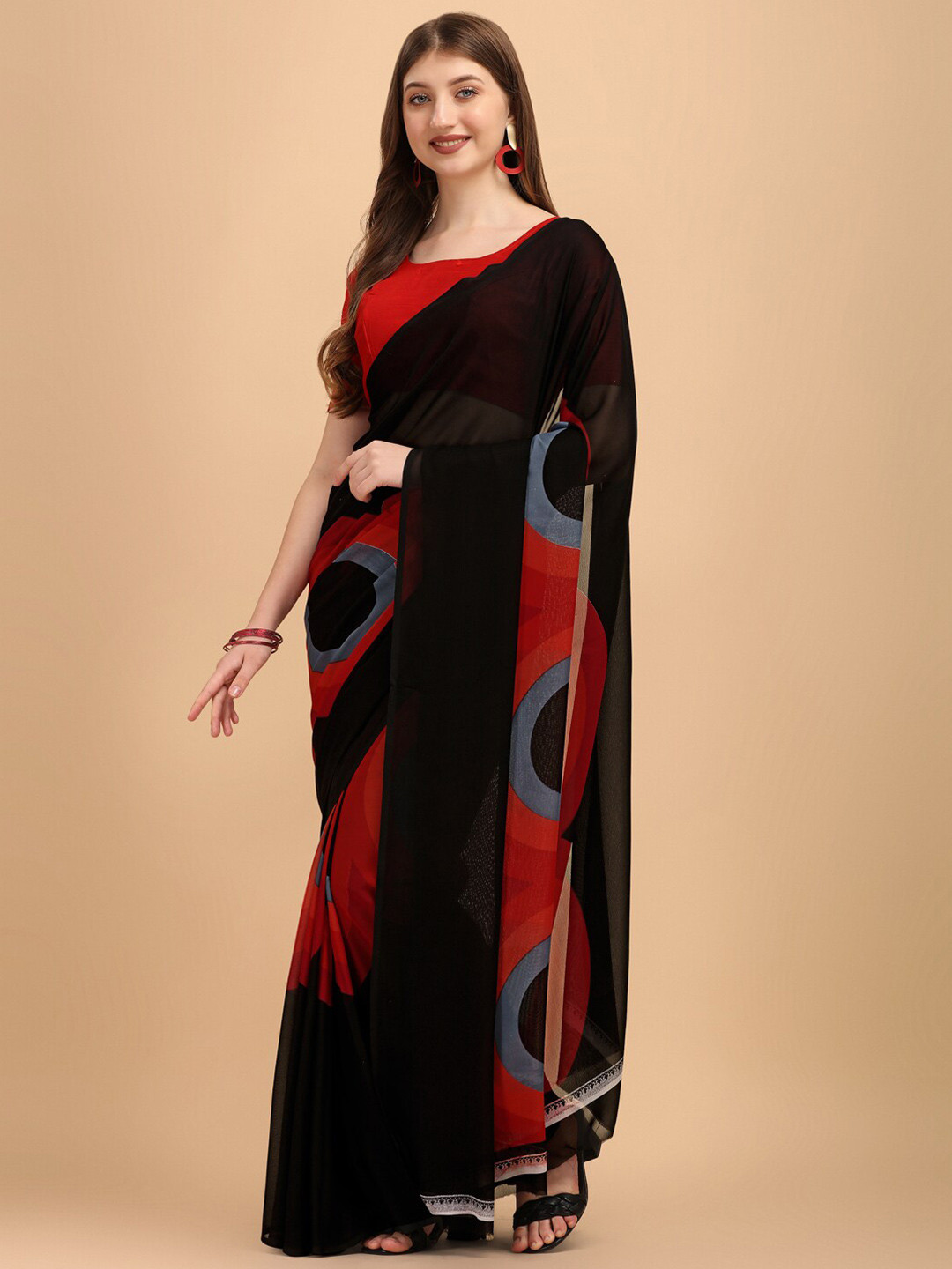 

Sangria Ethnic Motifs Printed Pure Georgette Saree, Red