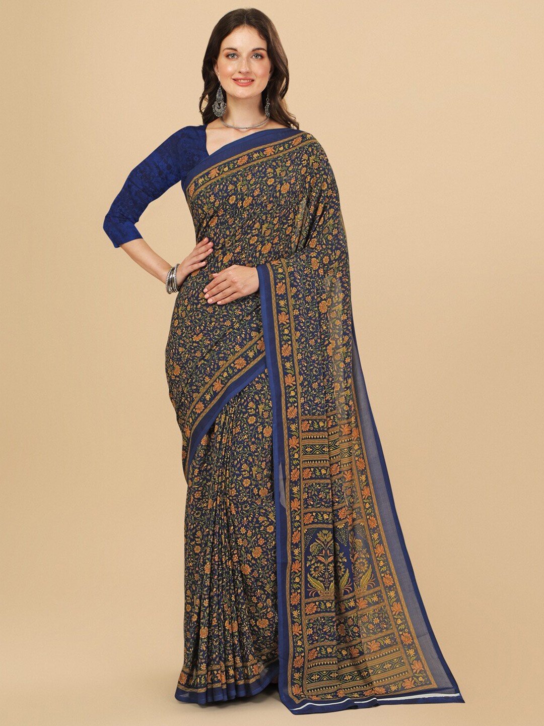 

Sangria Floral Printed Crepe Saree With Blouse Piece, Navy blue