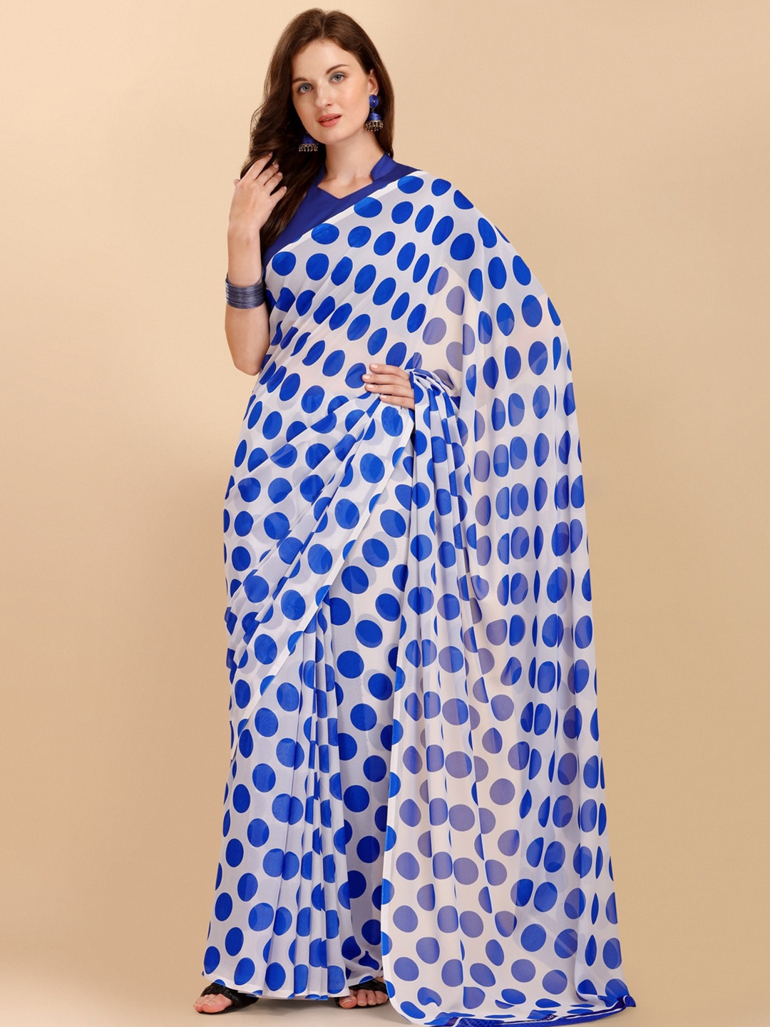 

Sangria Polka Dots Printed Pure Georgette Saree With Blouse Piece, White