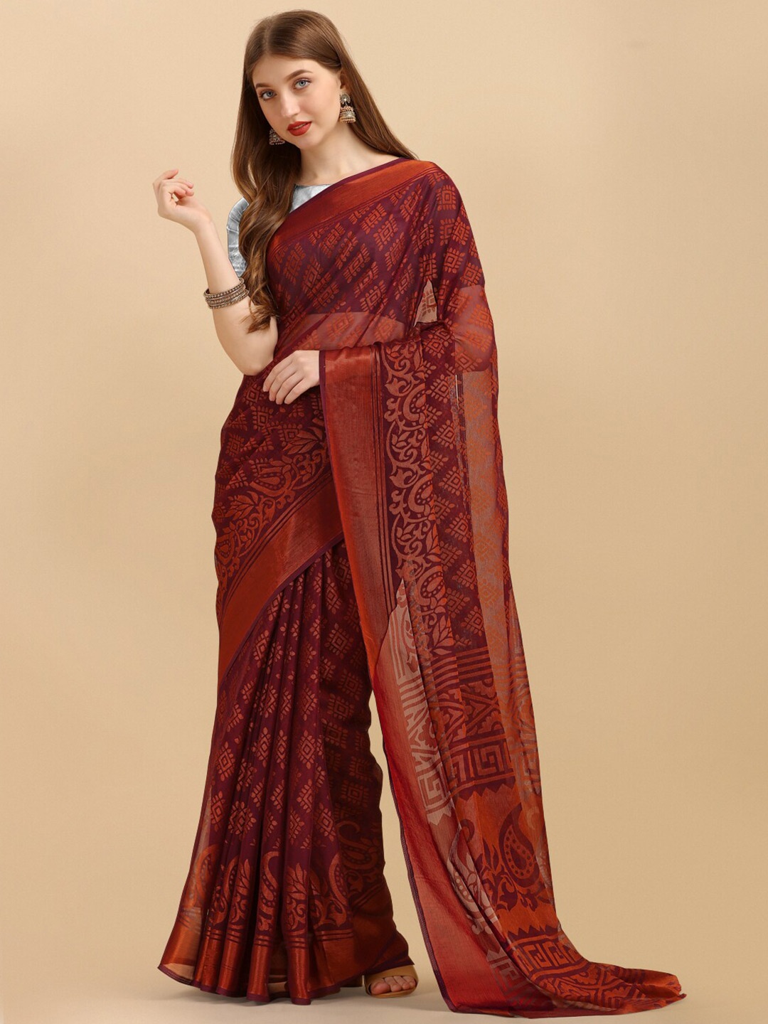 

Sangria Ethnic Motifs Printed Saree With Blouse Piece, Maroon