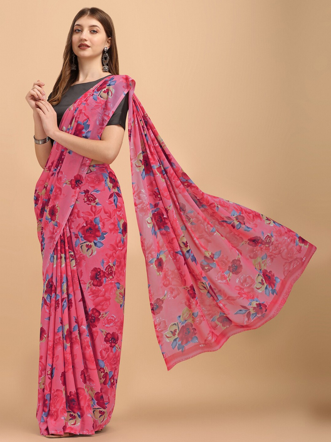 

Sangria Floral Printed Pure Georgette Saree With Blouse Piece, Pink