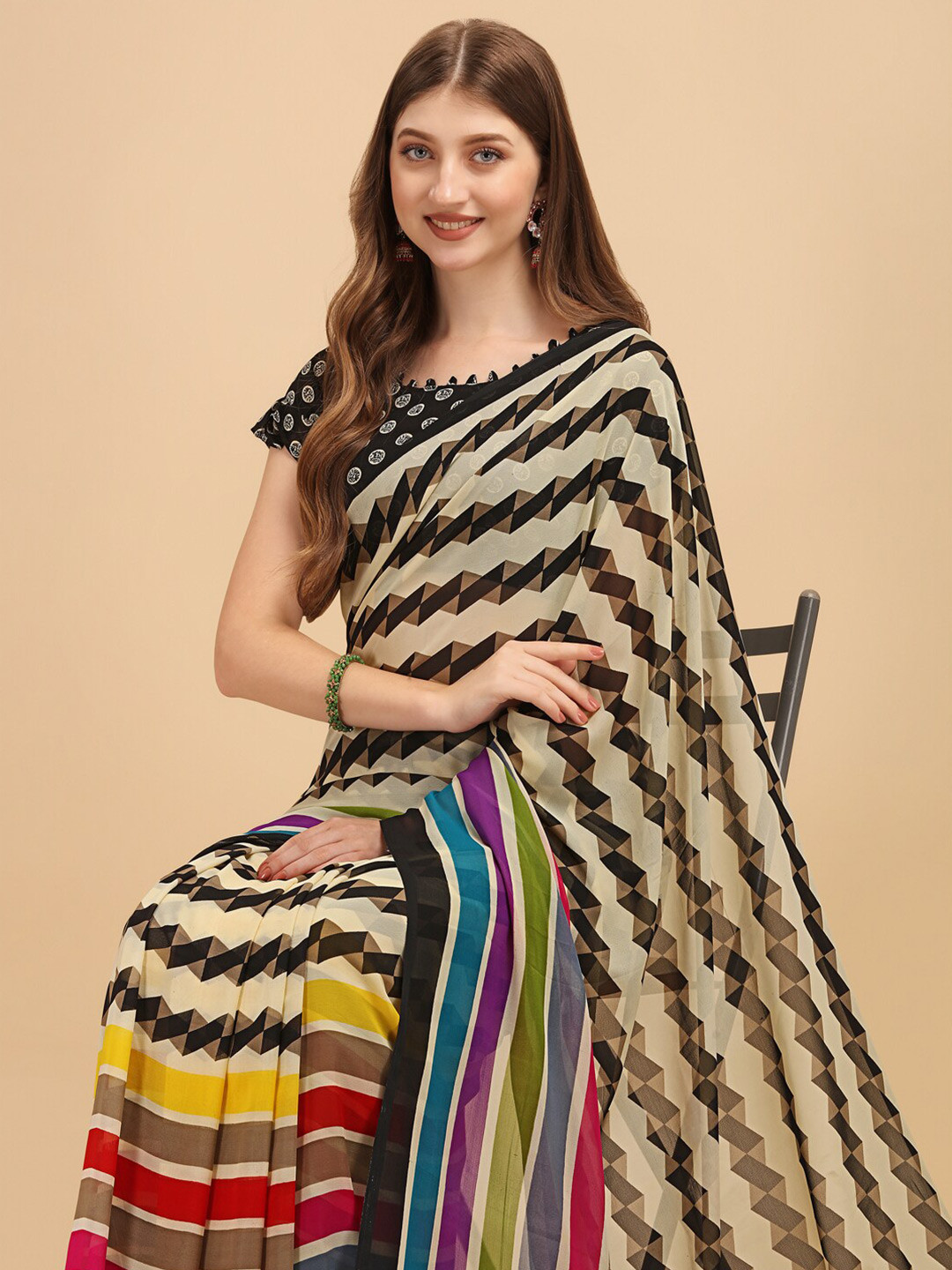 

Sangria Striped Pure Georgette Saree With Blouse Piece, Beige