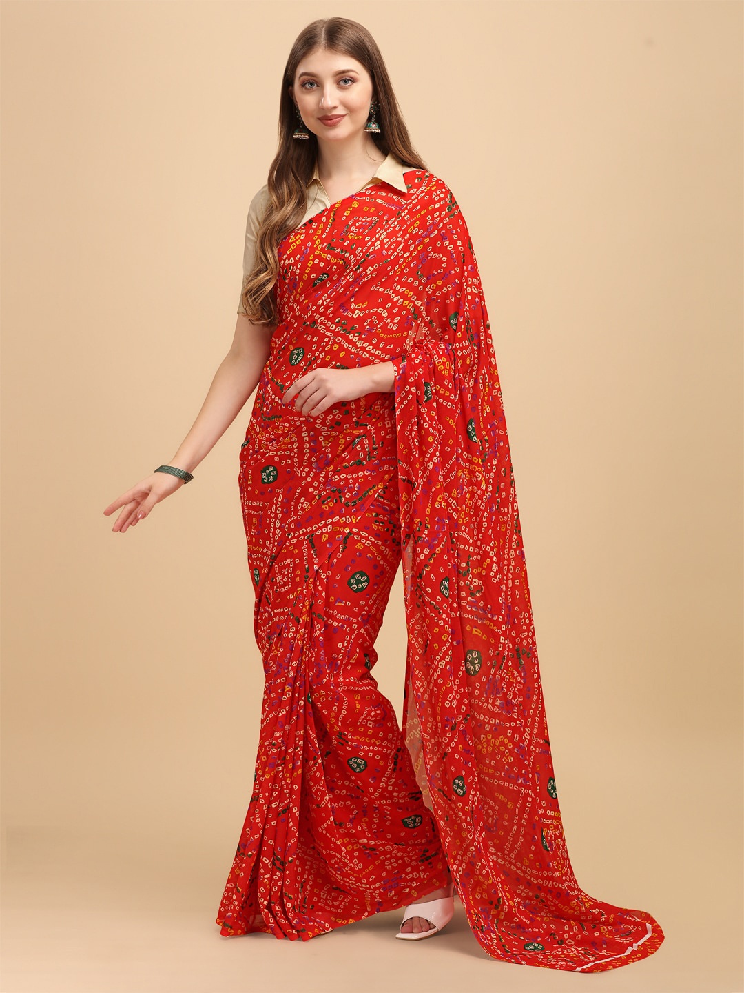 

Sangria Bandhani Printed Pure Georgette Saree, Red