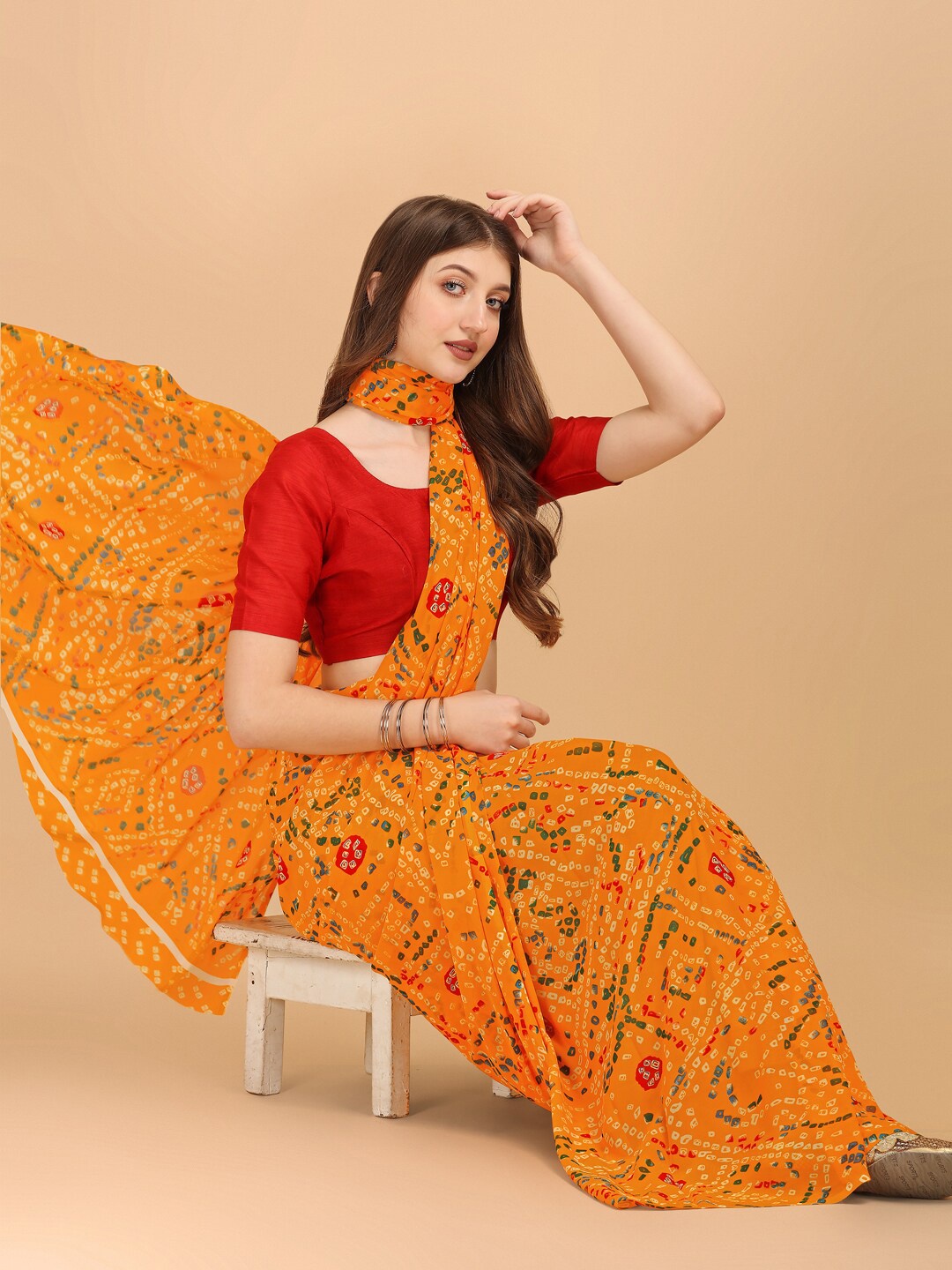 

Sangria Bandhani Printed Pure Georgette Saree With Blouse Piece, Mustard