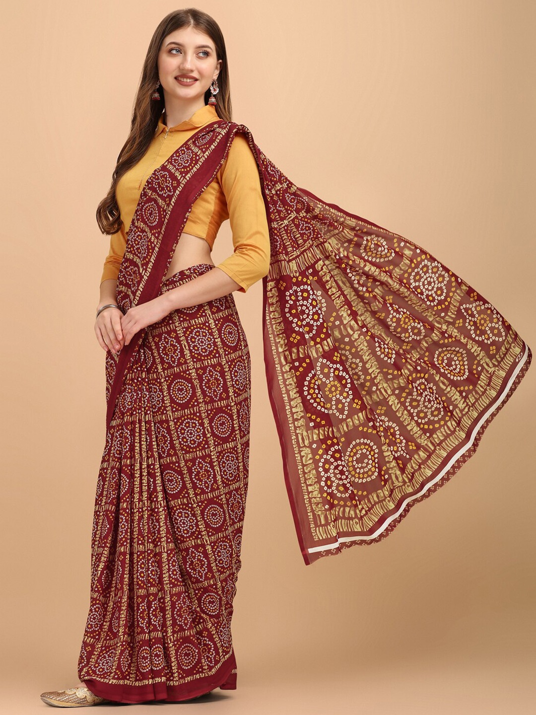 

Sangria Bandhani Printed Pure Georgette Saree With Blouse Piece, Maroon