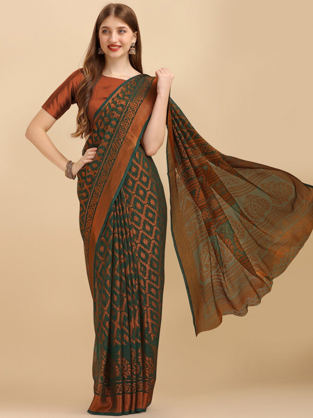 

Sangria Ethnic Motifs Printed Zari Brasso Saree With Blouse Piece, Green