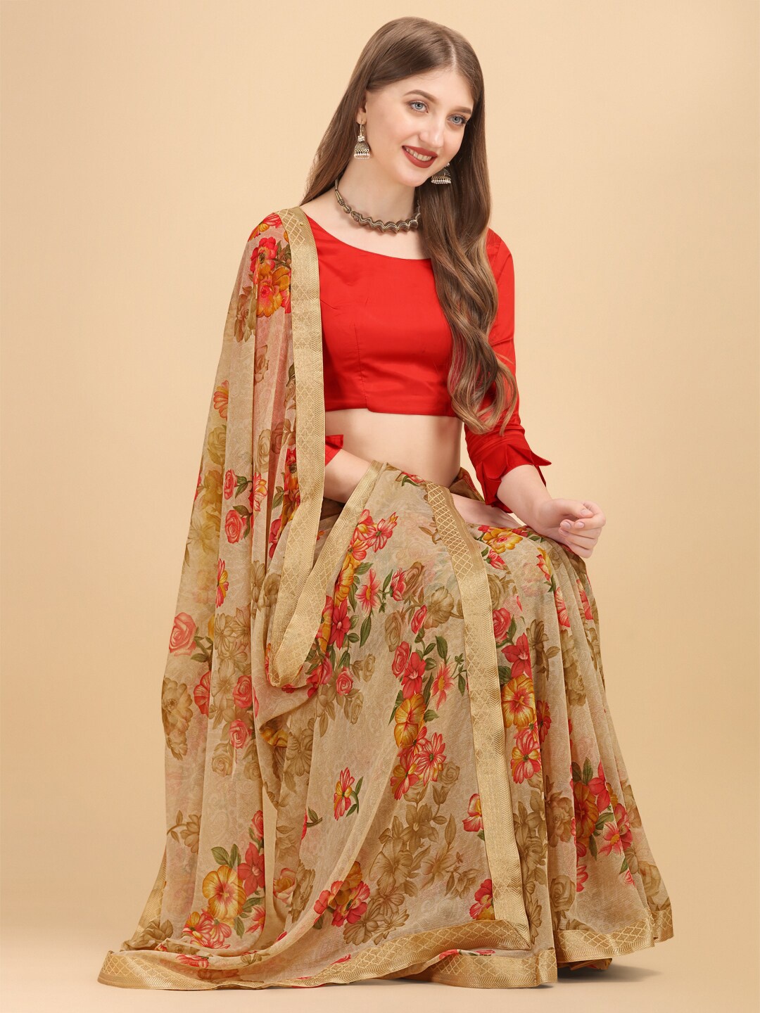 

Sangria Floral Printed Pure Chiffon Saree With Blouse Piece, Beige