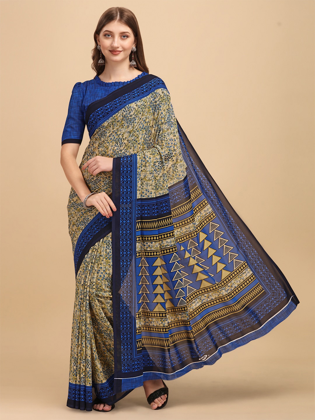 

Sangria Geometric Printed Pure Chiffon Saree, Blue