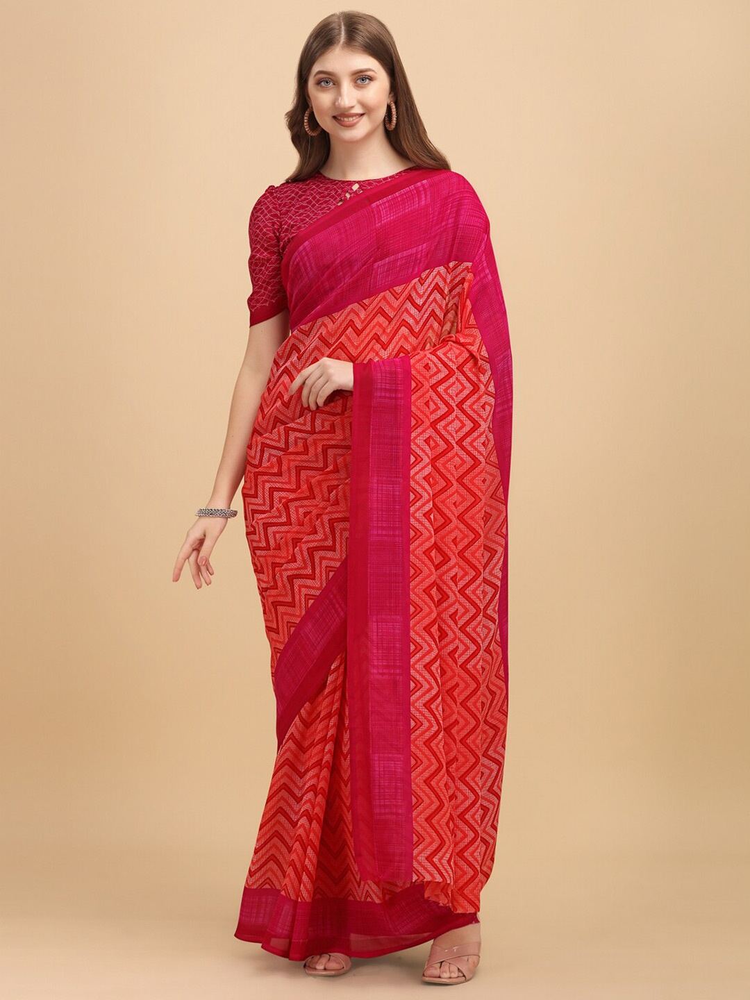 

Sangria Geometric Printed Pure Chiffon Saree With Blouse Piece, Red