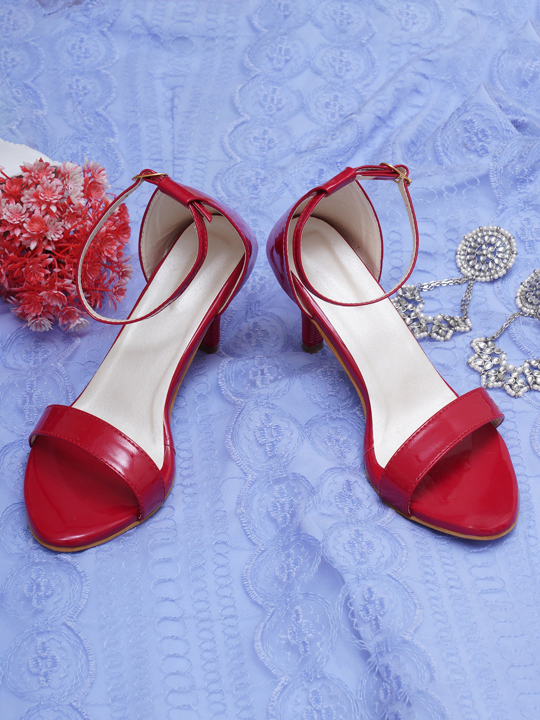 

Misto Open Toe Comfortable Slim Heels With Ankle Loop, Red