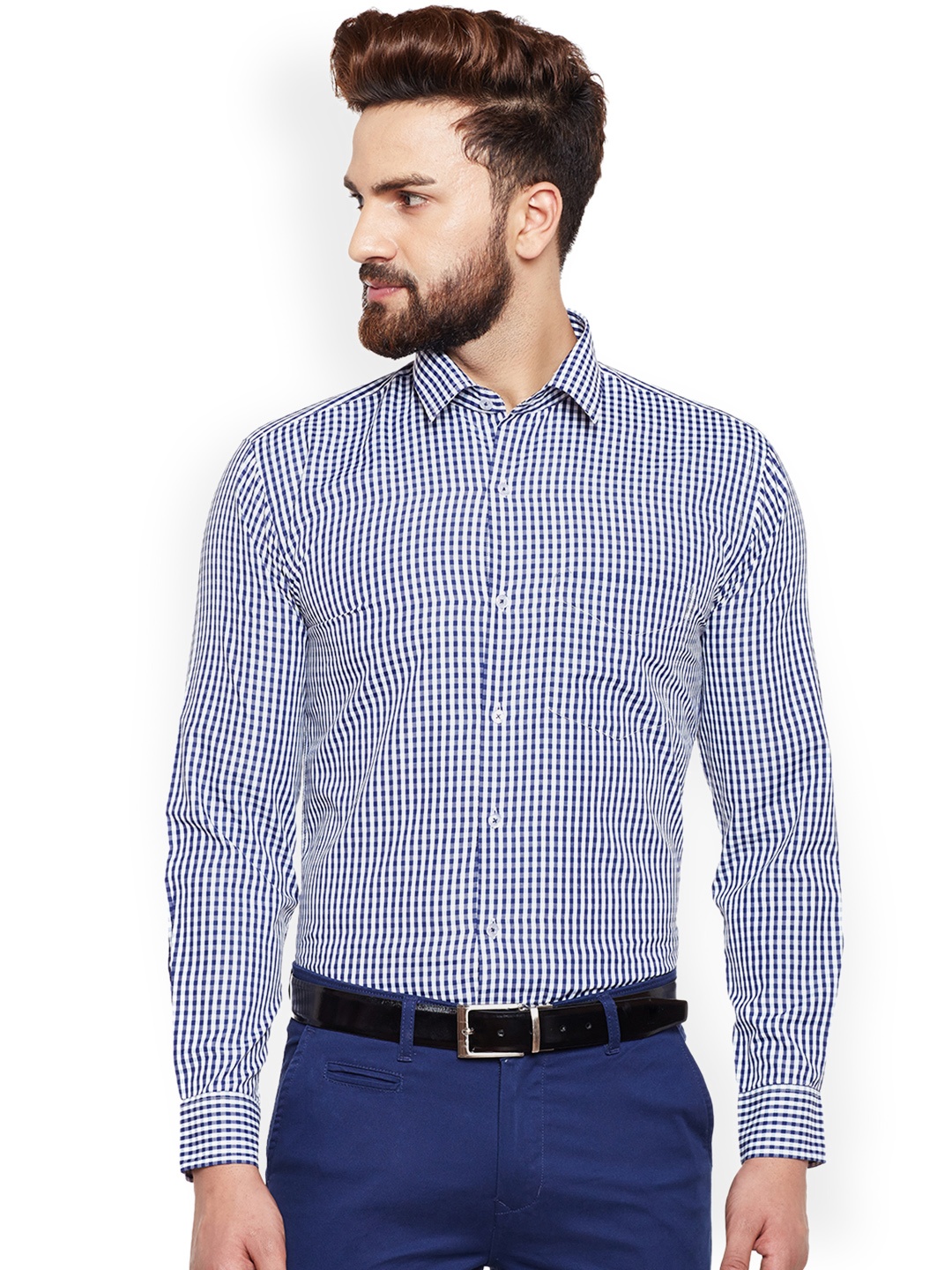 

Hancock Men Navy & White Slim Fit Checked Formal Shirt, Navy blue
