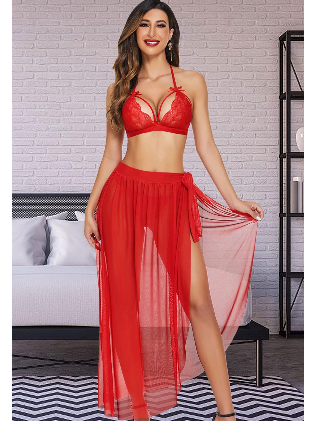 

Krelin Halter Neck Self Design Lace Baby Doll, Red