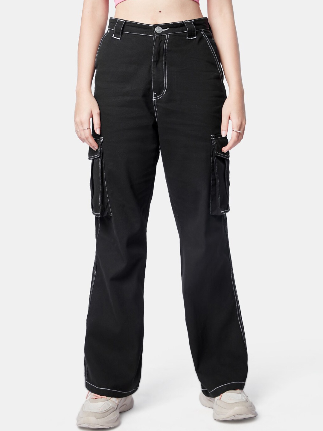 

The Souled Store Women Mid-Rise Cargos Trousers, Black