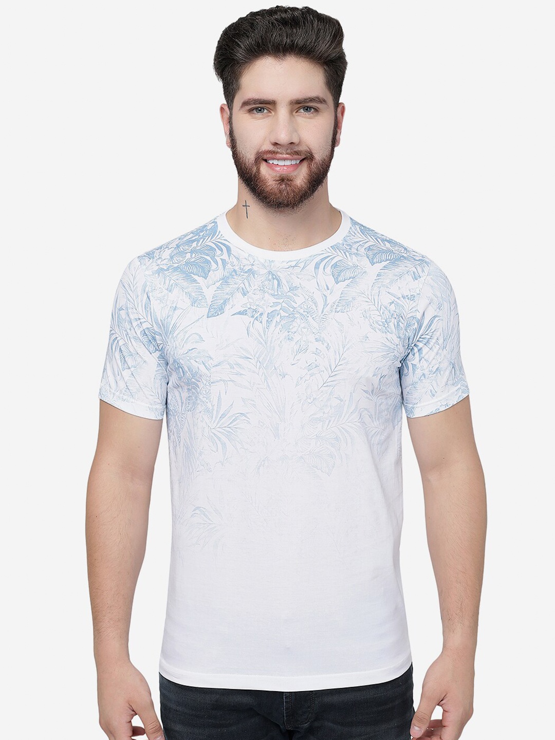 

Greenfibre Tropical Printed Round Neck Slim Fit Cotton T-shirt, White