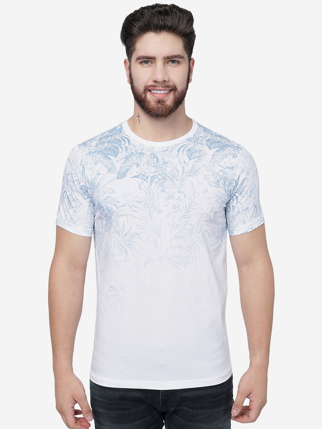 

Greenfibre Tropical Printed Round Neck Cotton Slim Fit T-shirt, White