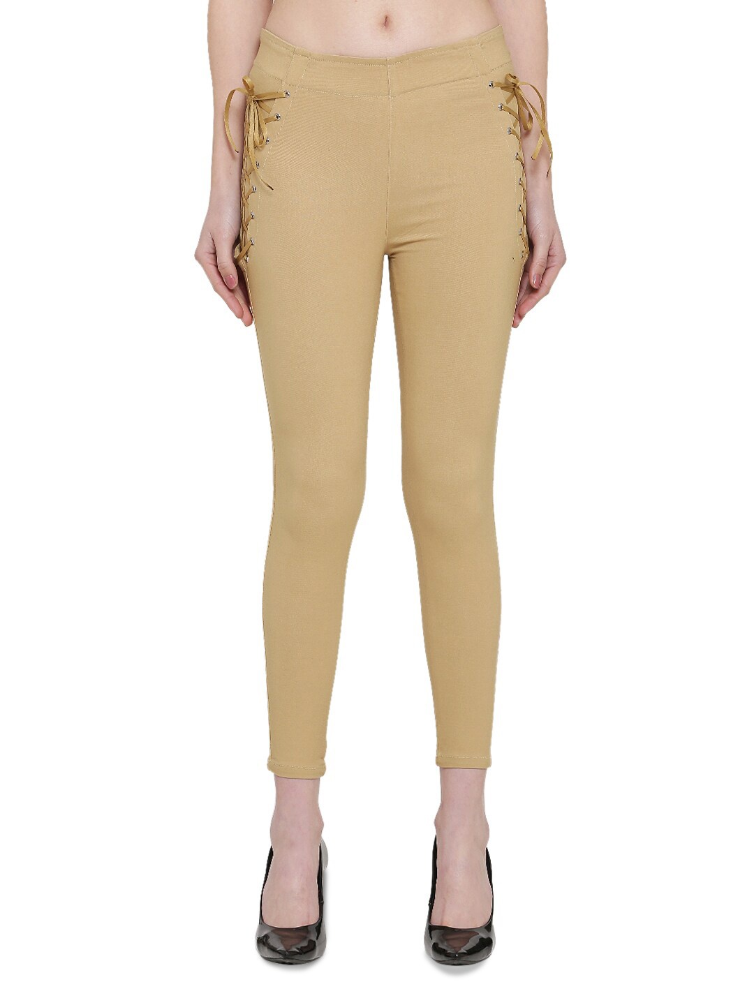 

urSense Women Skinny Fit Jeggings with Lace-Up, Beige