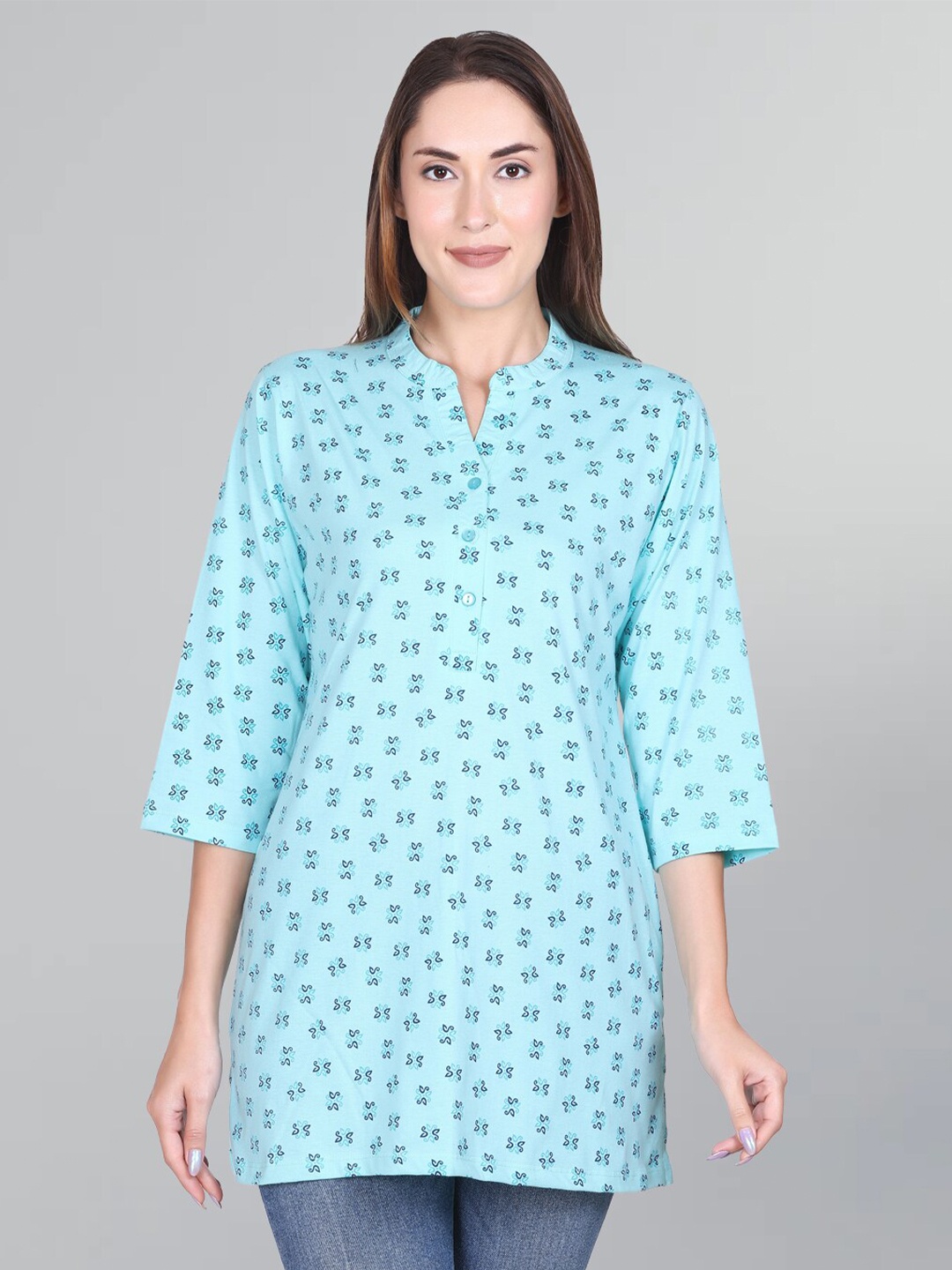 

GODFREY Ethnic Motifs Printed Mandarin Collar Pure Cotton Kurti, Blue