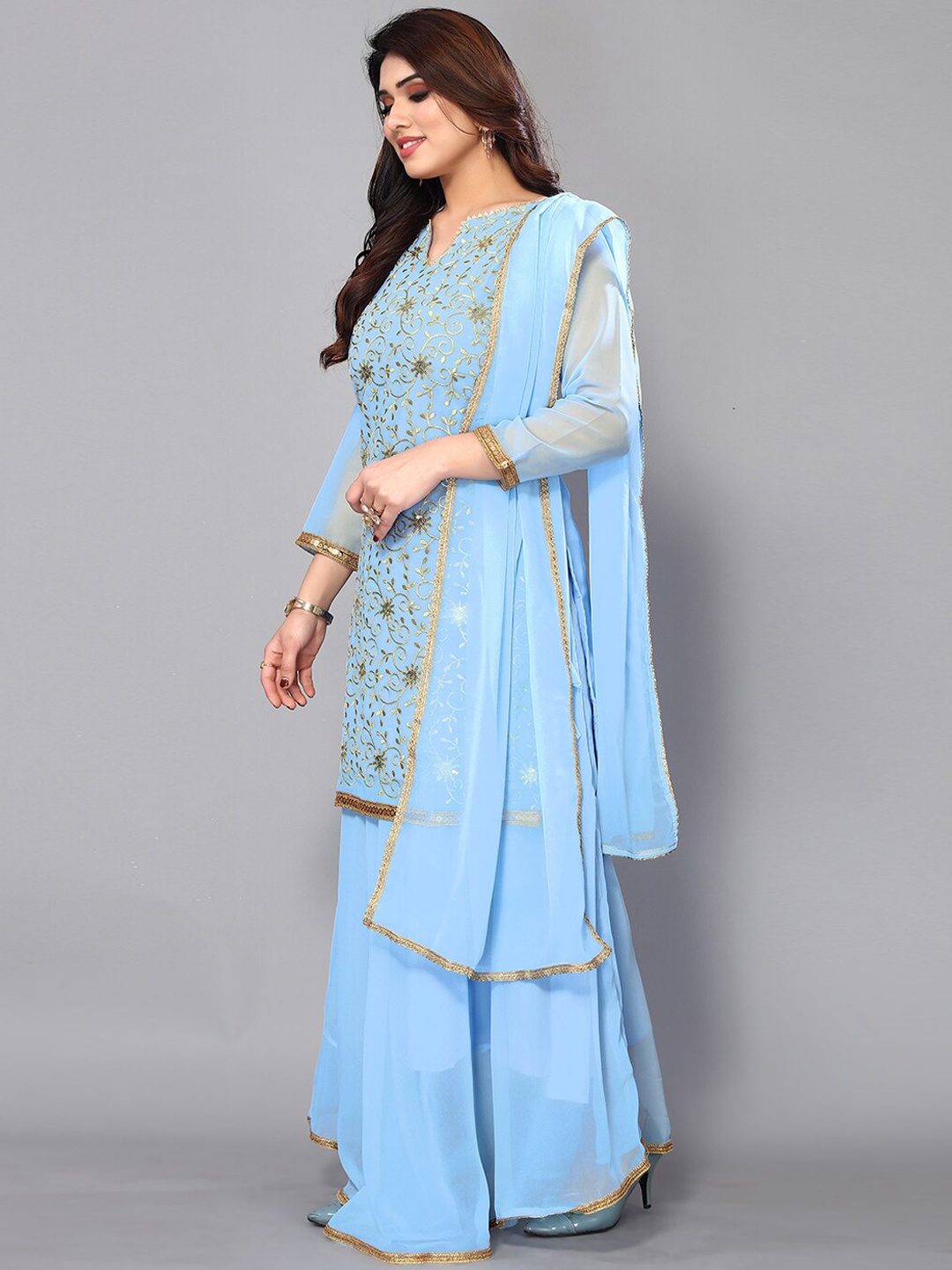 

FASHION YOU Embroidered Sequined Kurta with Skirt & Dupatta, Blue