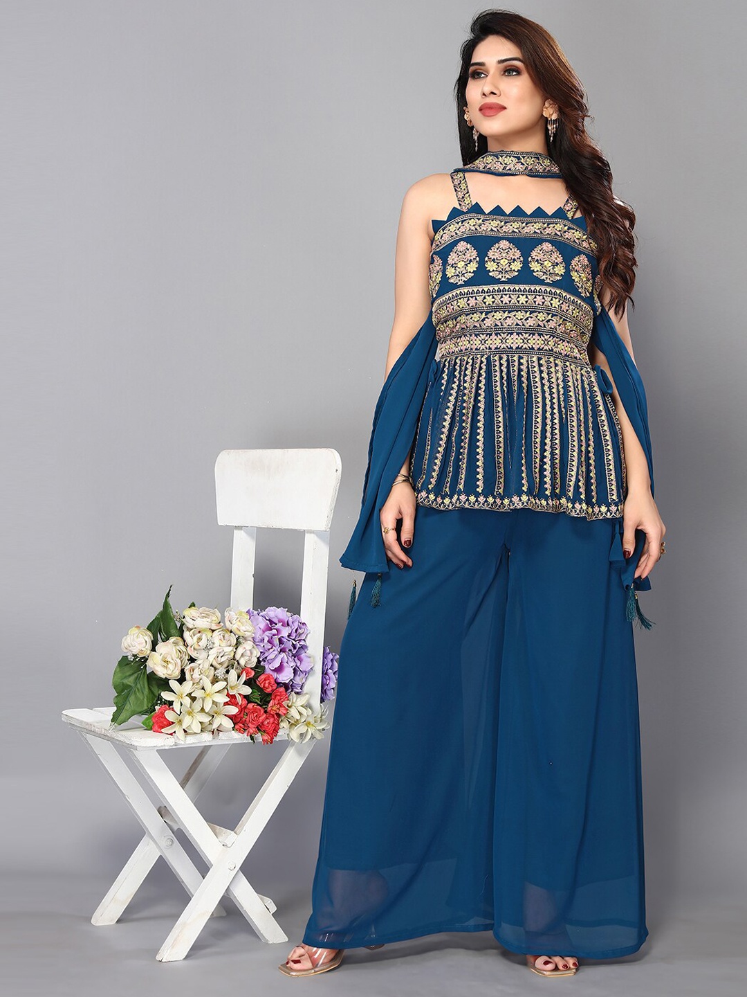 

FASHION YOU Ethnic Embroidered Kurta with Palazzos & Dupatta, Navy blue