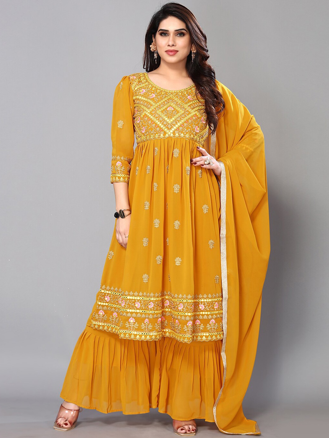 

FASHION YOU Floral Embroidered Mirror Work Kurta With Sharara & Dupatta, Yellow