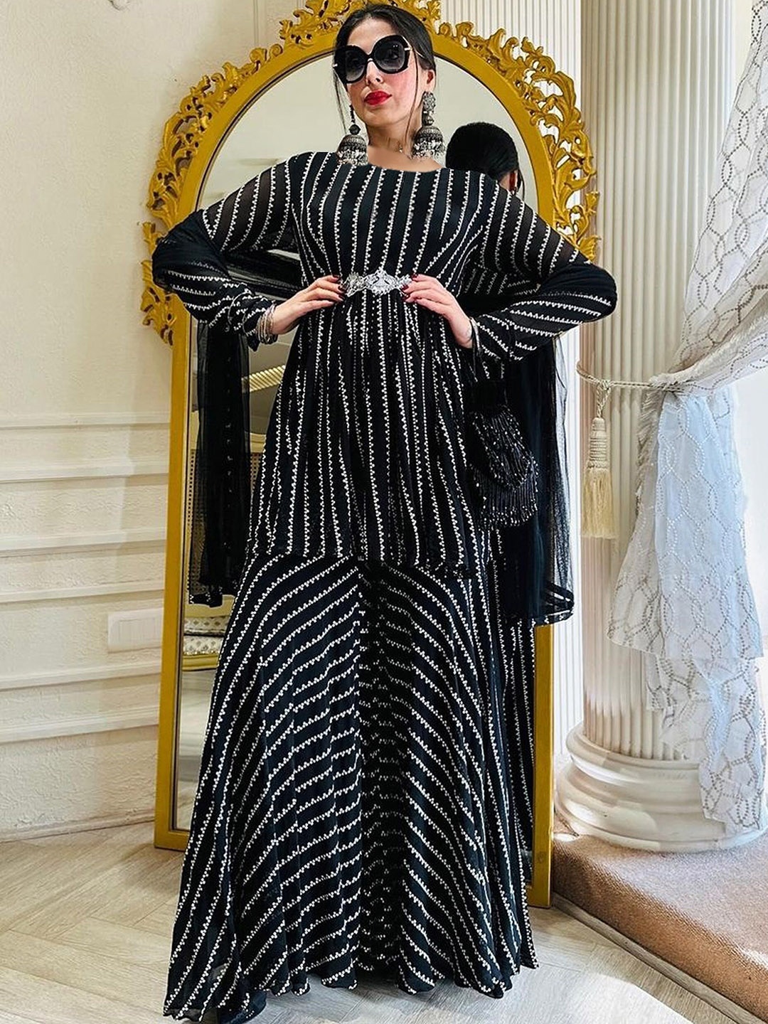 

FASHION YOU Striped Panelled Kurta with Sharara & Dupatta, Black