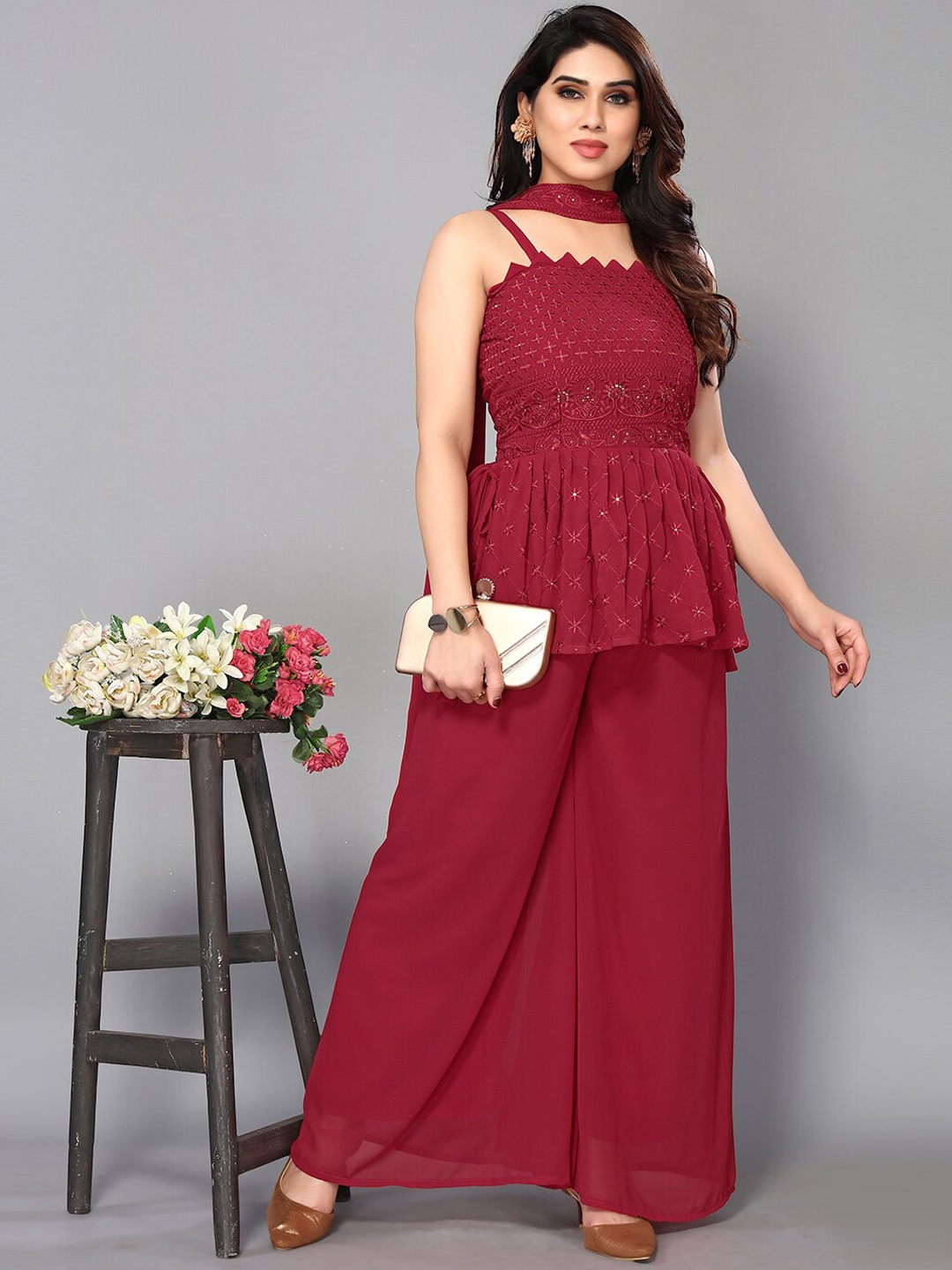 

FASHION YOU Embroidered Shoulder Strap Sequinned Kurti With Palazzos & Dupatta, Red