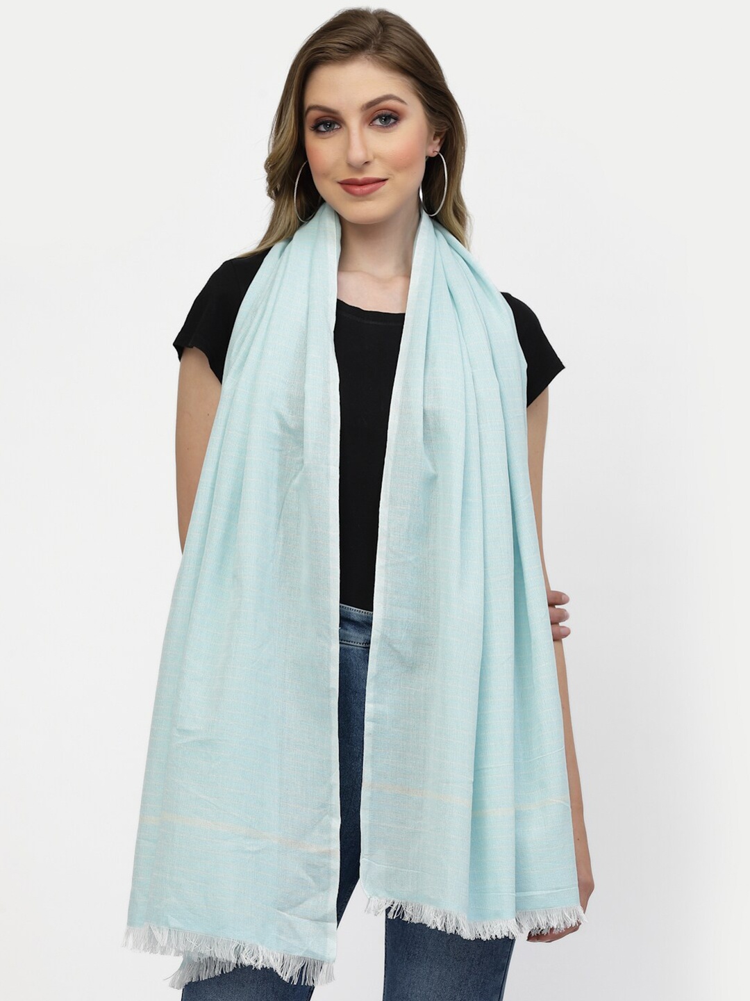 

Arrabi Women Striped Cotton Stole With Frayed Border, Blue