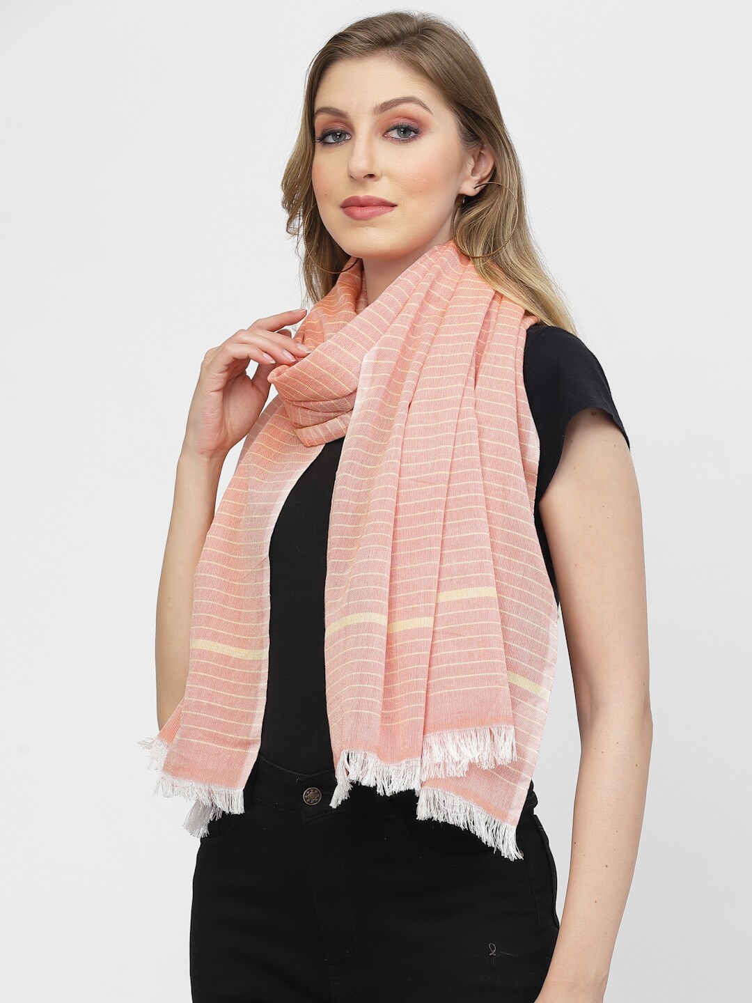 

Arrabi Women Striped Cotton Stole, Peach